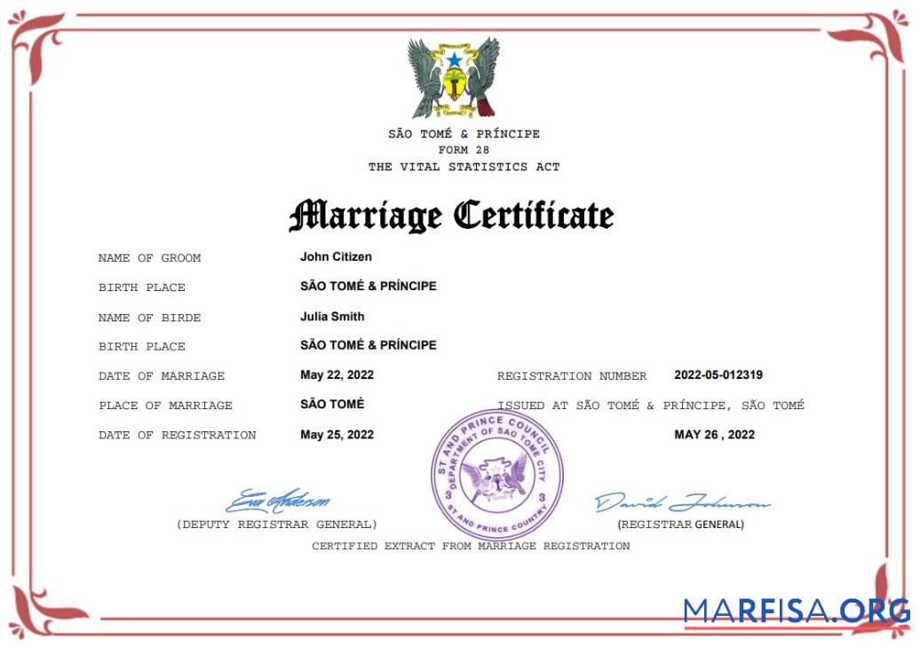 Realistic Sao Tome and Principe marriage certificate Word and PDF template